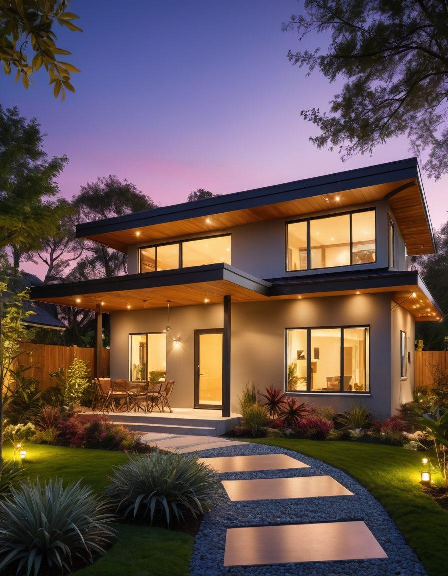 A cozy modern home illuminated with smart exterior lights showcasing various colors and designs, surrounded by a beautifully landscaped garden at twilight. Include energy-efficient solar panels on the roof and trees with twinkling fairy lights. The scene should evoke a sense of sustainability and innovation, emphasizing the harmony between technology and nature. super-realistic. vibrant colors. twilight ambiance.