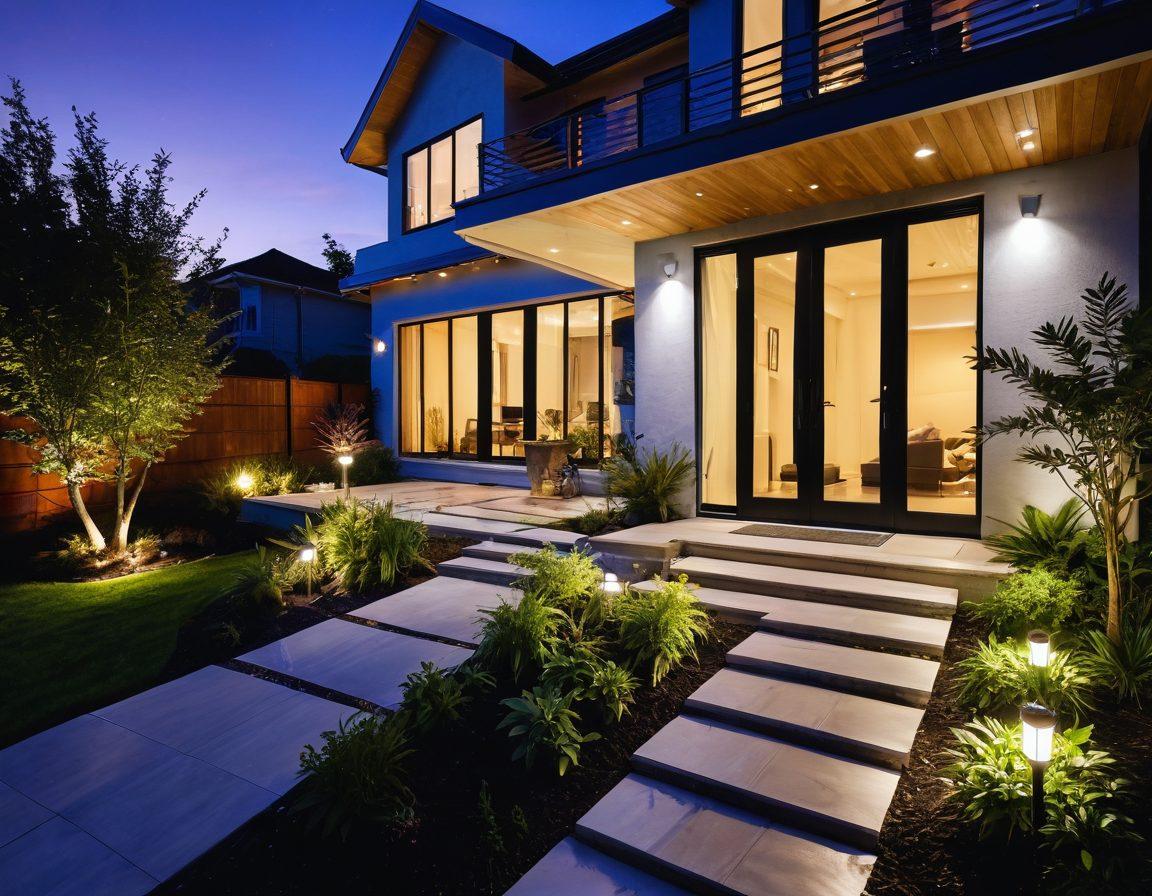 A beautifully landscaped home exterior at dusk, showcasing eco-friendly and smart lighting installations like solar-powered garden lights and elegant LED fixtures illuminating pathways and plants. The setting features a stylish modern facade with greenery, highlighting ambient lighting that creates a warm, inviting atmosphere. Include smart technology elements like app-controlled lights and energy-efficient designs to enhance the theme. super-realistic. vibrant colors. twilight ambiance.