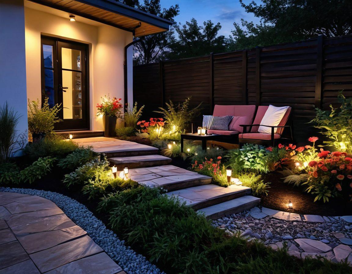 A serene outdoor evening scene showcasing a beautifully designed garden illuminated with various energy-efficient LED lights, casting a warm glow on lush greenery and colorful flowers. The focus is on innovative lighting fixtures, such as solar lanterns and modern path lights, harmonizing with nature. A cozy seating area invites relaxation under the twinkling lights, creating a welcoming atmosphere. The sky transitions from sunset hues to a deep blue, enhancing the magical ambiance. super-realistic. vibrant colors. 3D.